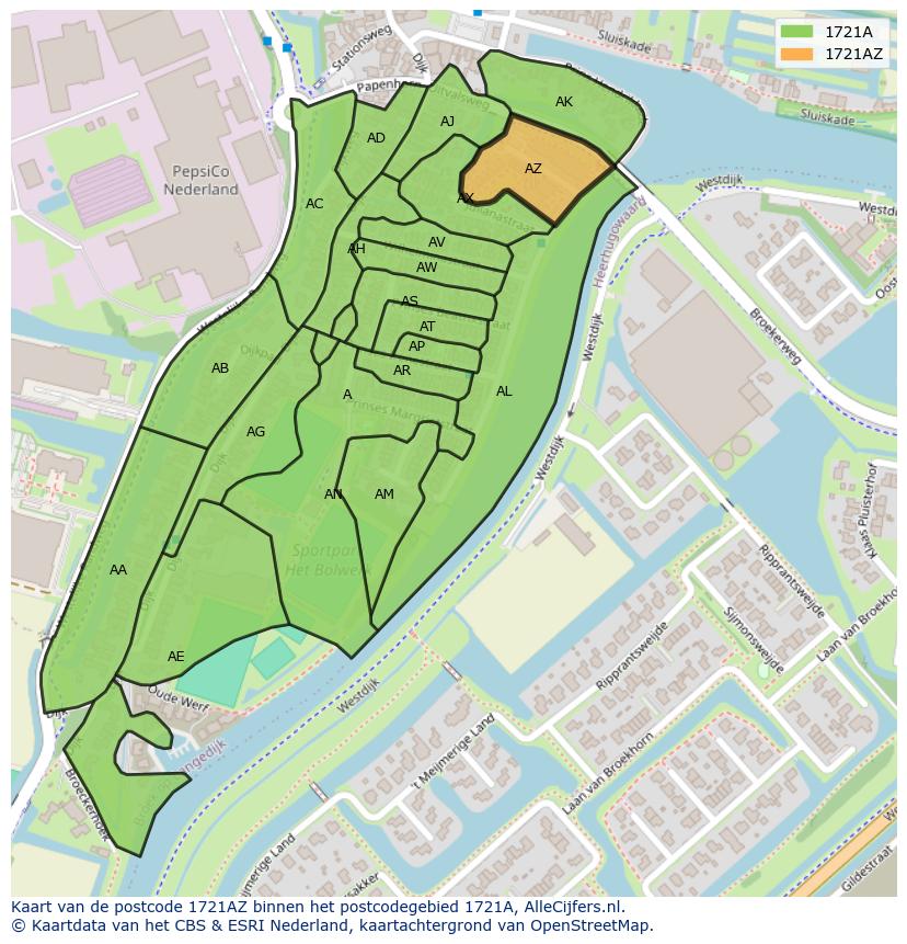 Afbeelding van het postcodegebied 1721 AZ op de kaart.
