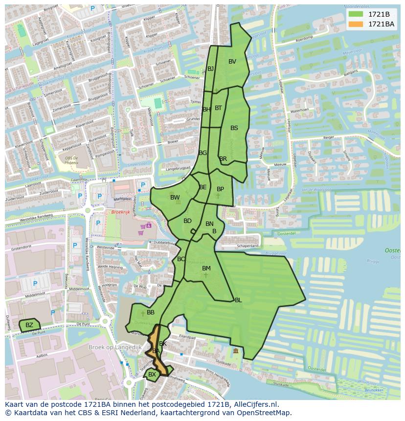Afbeelding van het postcodegebied 1721 BA op de kaart.