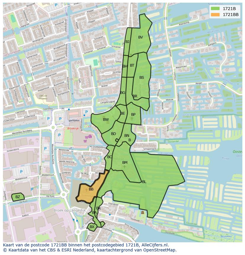 Afbeelding van het postcodegebied 1721 BB op de kaart.