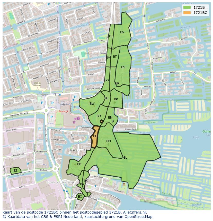 Afbeelding van het postcodegebied 1721 BC op de kaart.