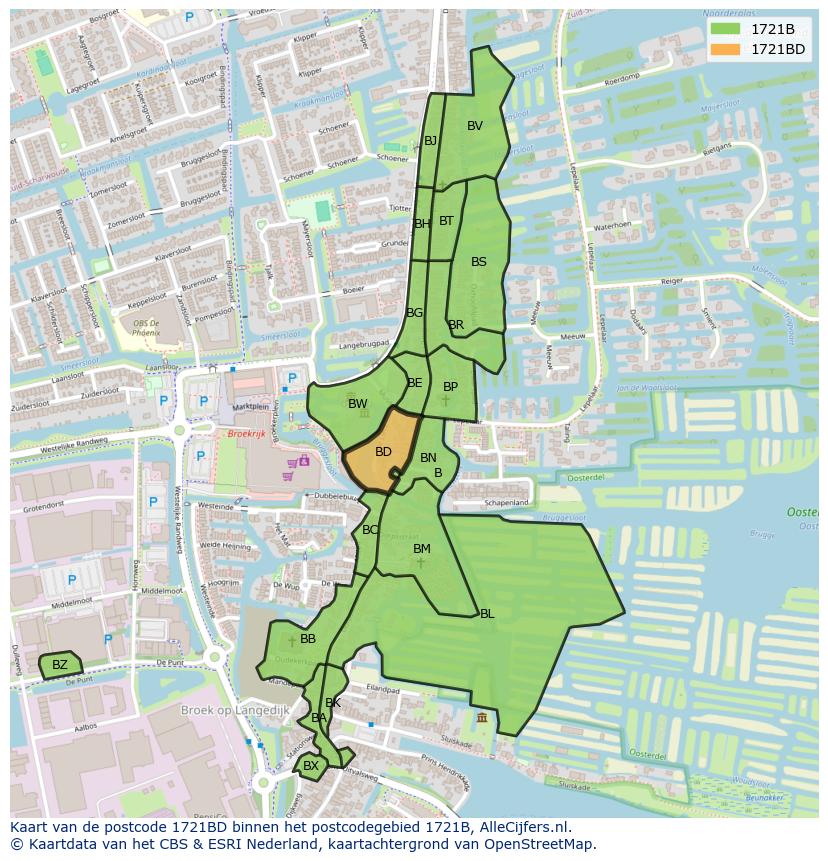 Afbeelding van het postcodegebied 1721 BD op de kaart.
