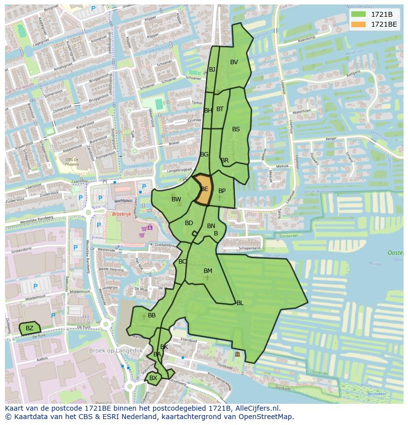 Afbeelding van het postcodegebied 1721 BE op de kaart.