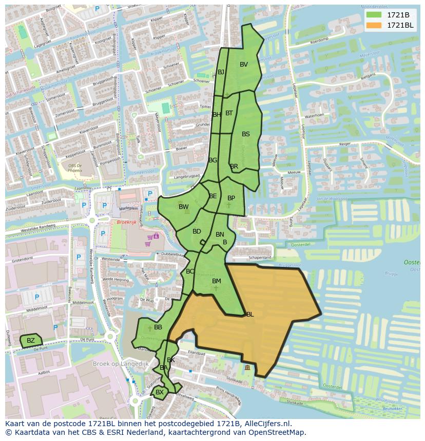 Afbeelding van het postcodegebied 1721 BL op de kaart.