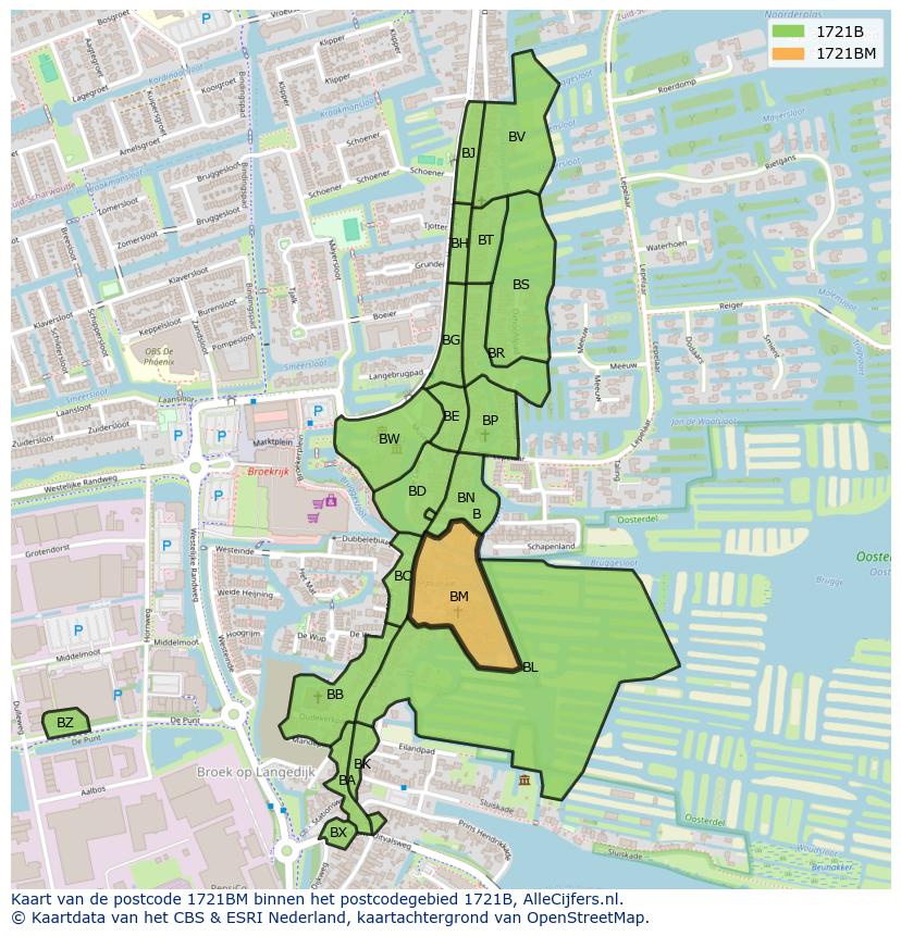 Afbeelding van het postcodegebied 1721 BM op de kaart.