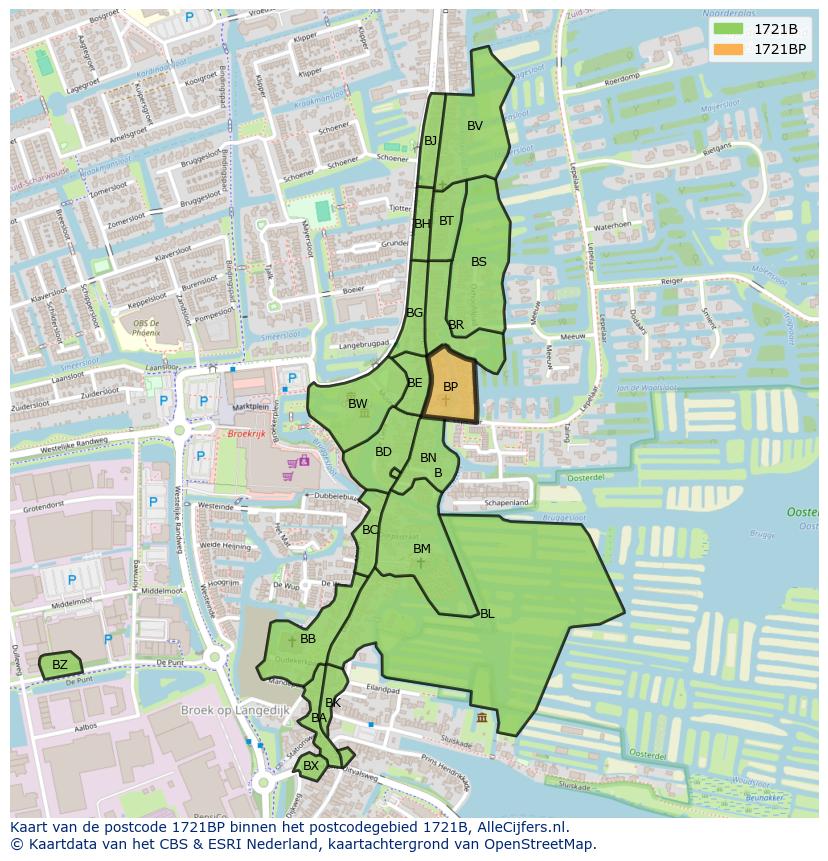 Afbeelding van het postcodegebied 1721 BP op de kaart.