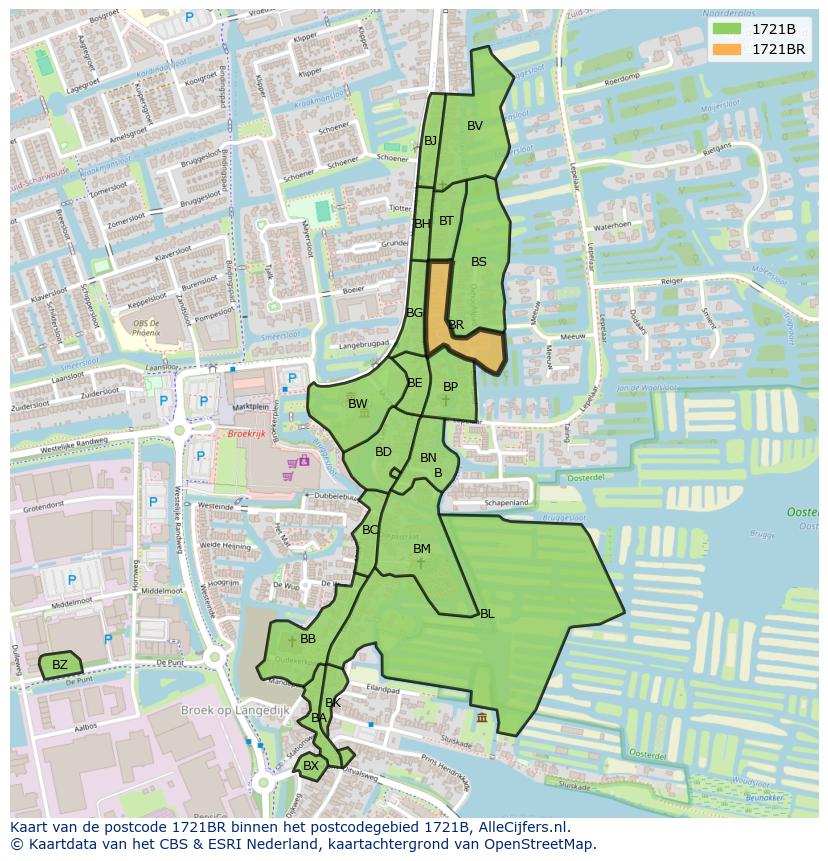 Afbeelding van het postcodegebied 1721 BR op de kaart.
