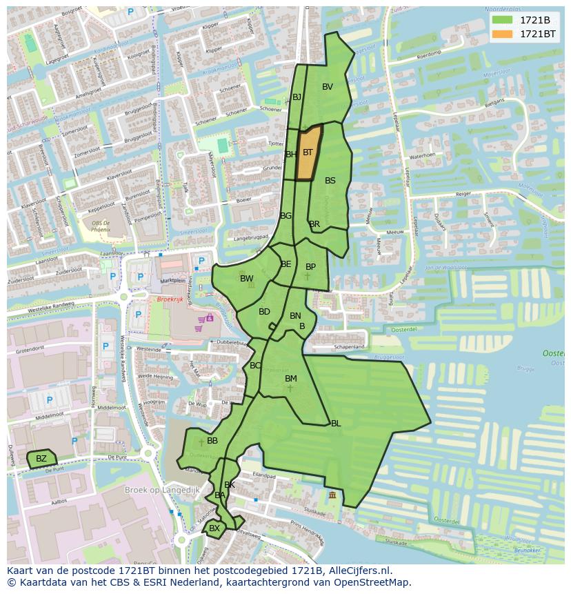 Afbeelding van het postcodegebied 1721 BT op de kaart.