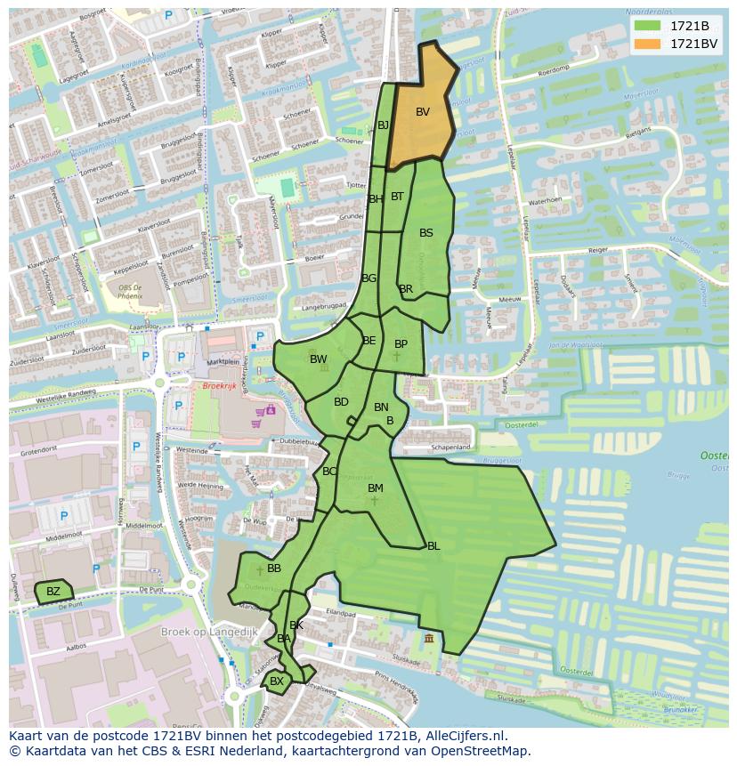 Afbeelding van het postcodegebied 1721 BV op de kaart.