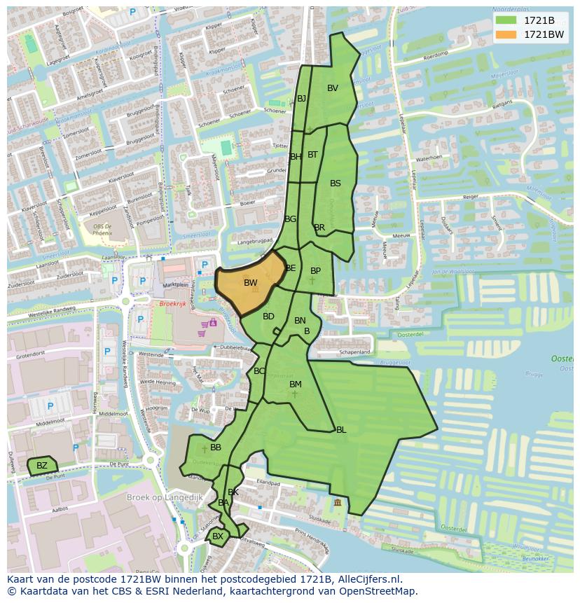 Afbeelding van het postcodegebied 1721 BW op de kaart.