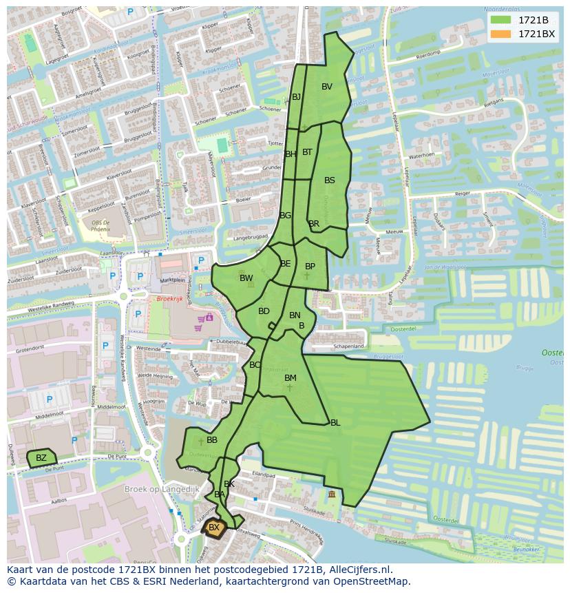 Afbeelding van het postcodegebied 1721 BX op de kaart.