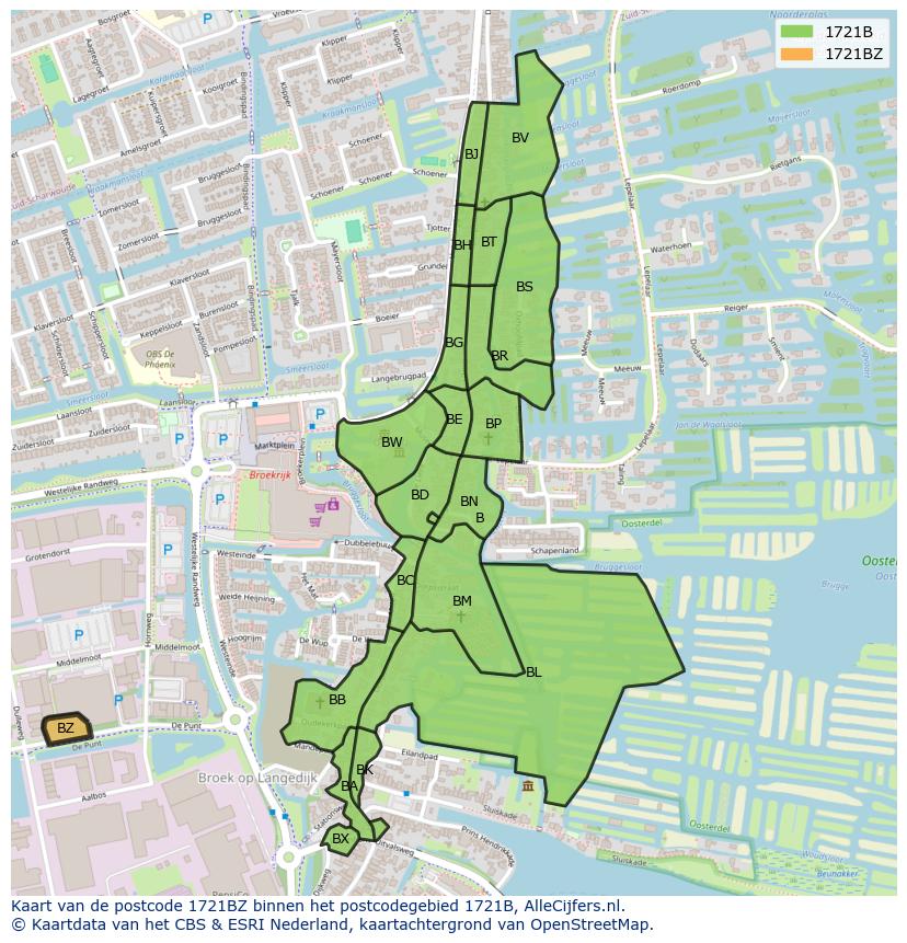 Afbeelding van het postcodegebied 1721 BZ op de kaart.