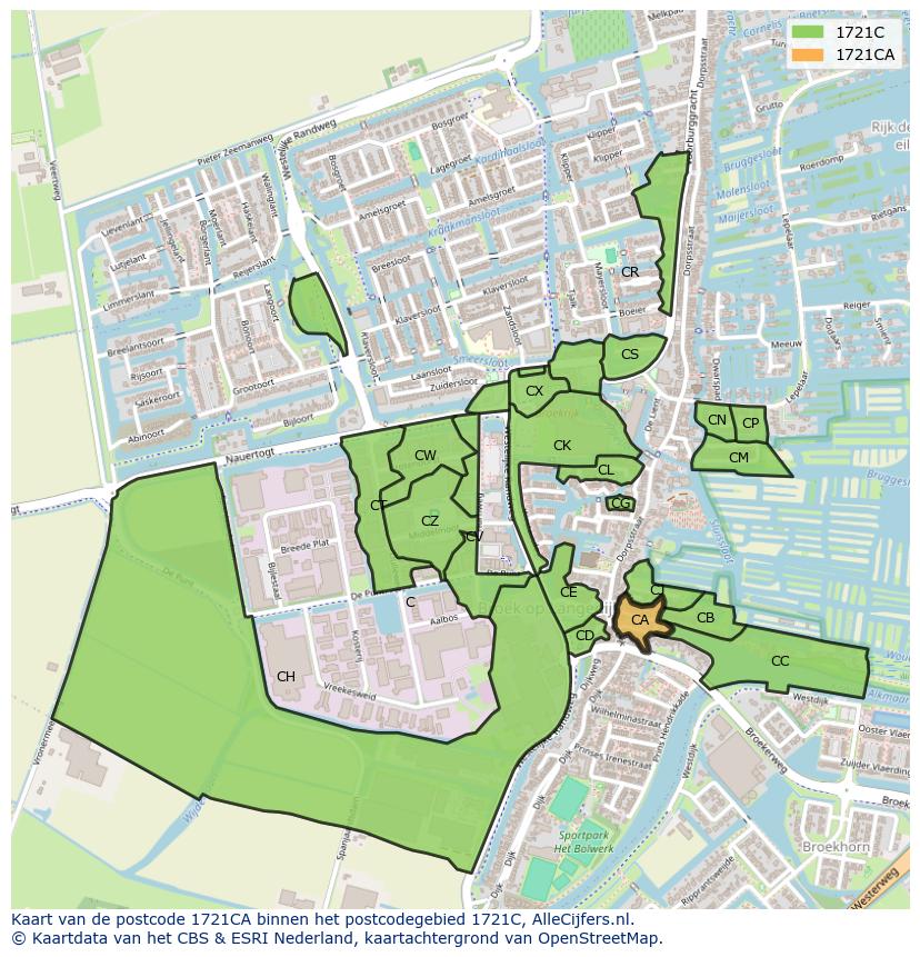 Afbeelding van het postcodegebied 1721 CA op de kaart.