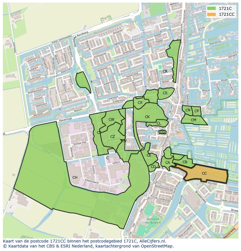 Afbeelding van het postcodegebied 1721 CC op de kaart.