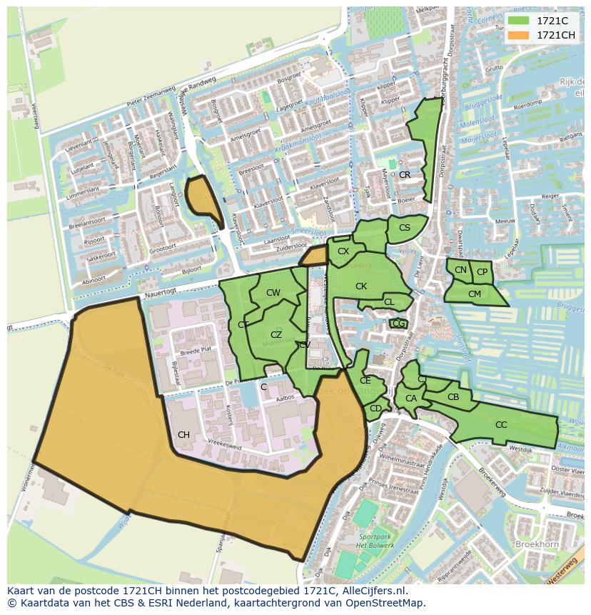 Afbeelding van het postcodegebied 1721 CH op de kaart.