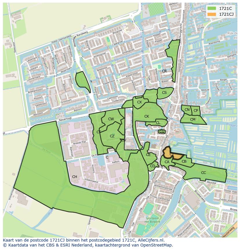 Afbeelding van het postcodegebied 1721 CJ op de kaart.