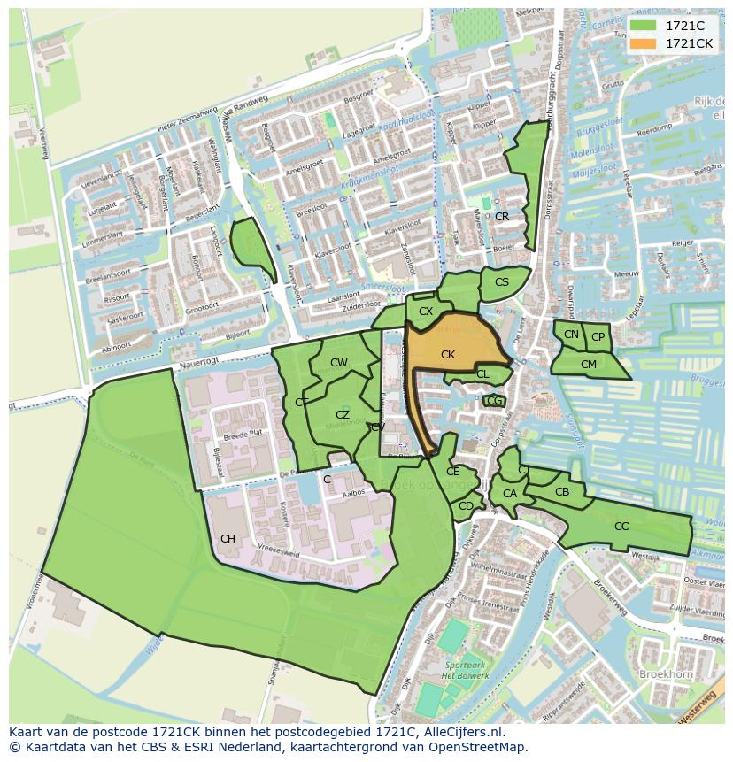 Afbeelding van het postcodegebied 1721 CK op de kaart.