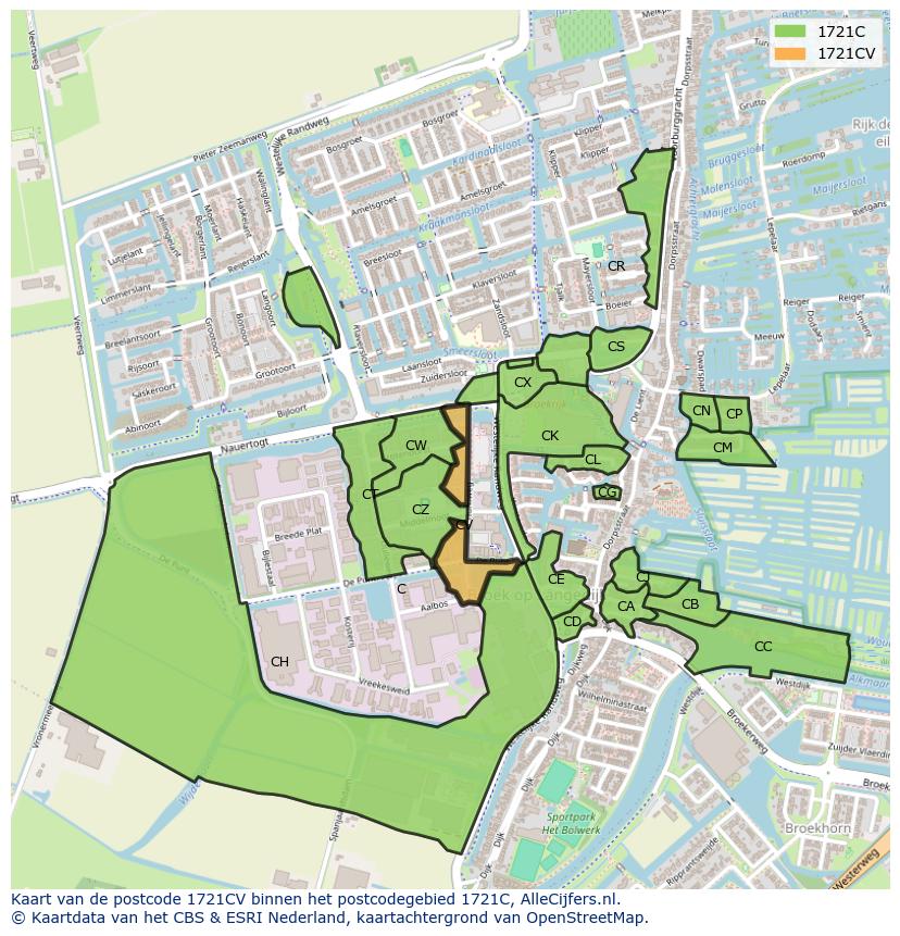 Afbeelding van het postcodegebied 1721 CV op de kaart.