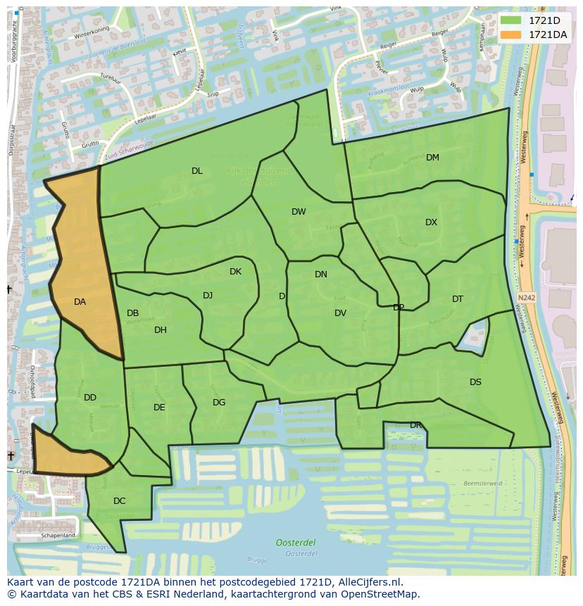 Afbeelding van het postcodegebied 1721 DA op de kaart.