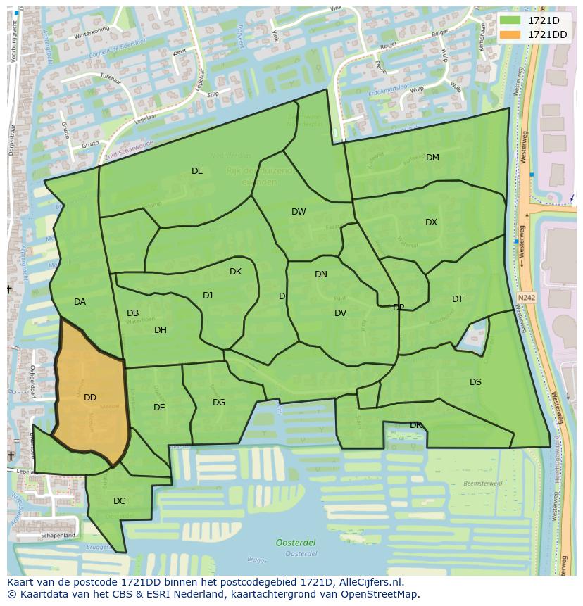 Afbeelding van het postcodegebied 1721 DD op de kaart.