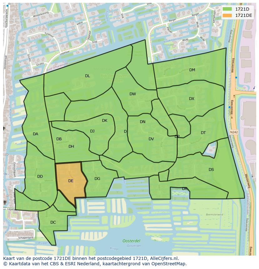 Afbeelding van het postcodegebied 1721 DE op de kaart.