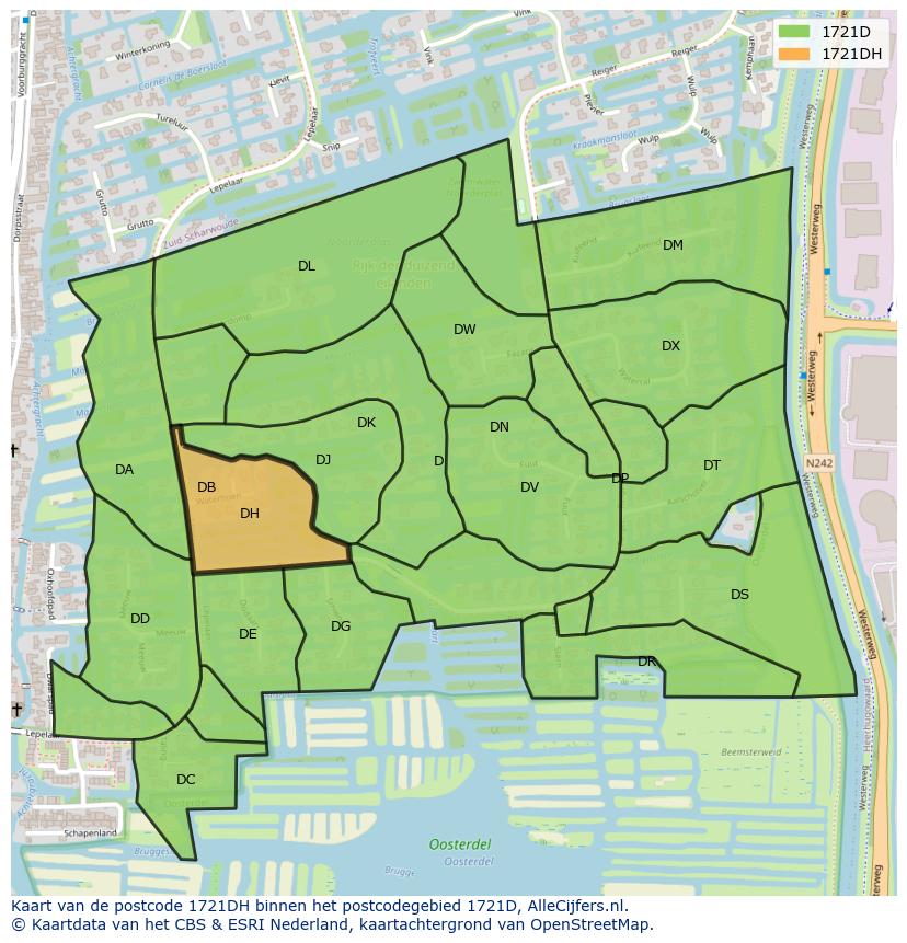 Afbeelding van het postcodegebied 1721 DH op de kaart.