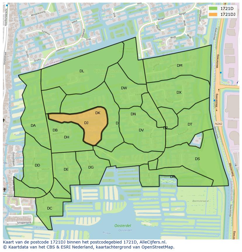 Afbeelding van het postcodegebied 1721 DJ op de kaart.