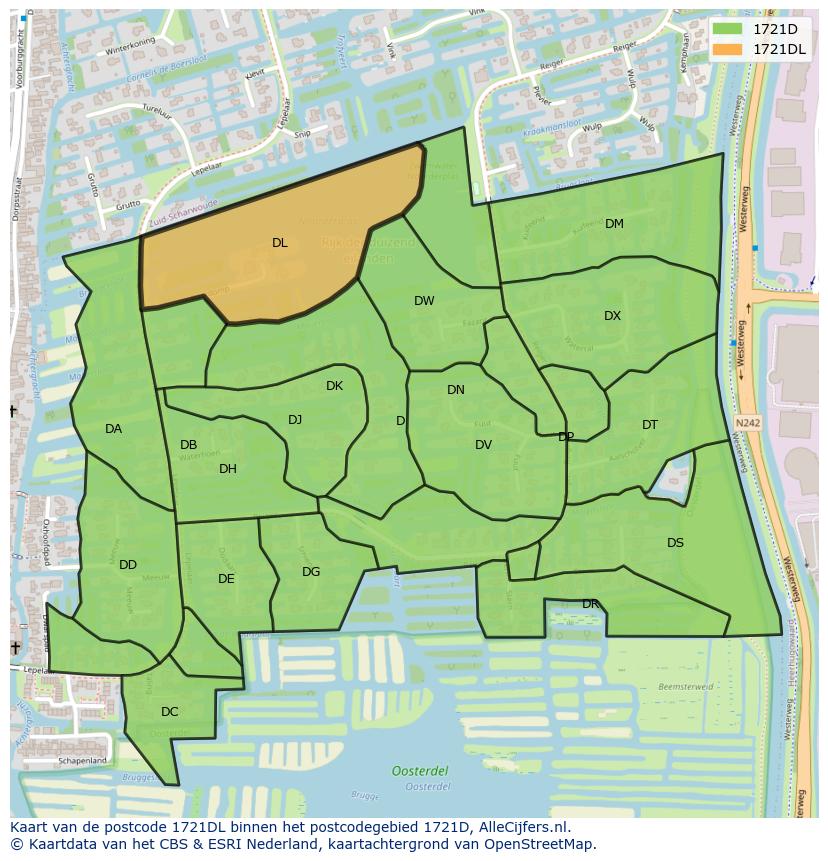 Afbeelding van het postcodegebied 1721 DL op de kaart.
