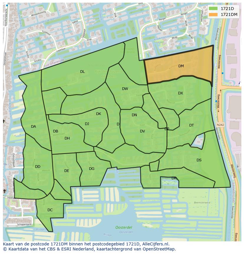 Afbeelding van het postcodegebied 1721 DM op de kaart.