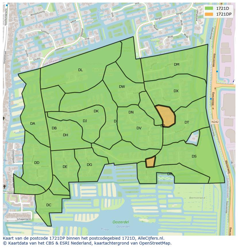 Afbeelding van het postcodegebied 1721 DP op de kaart.