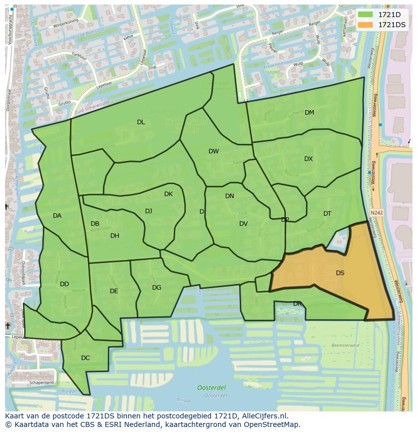 Afbeelding van het postcodegebied 1721 DS op de kaart.