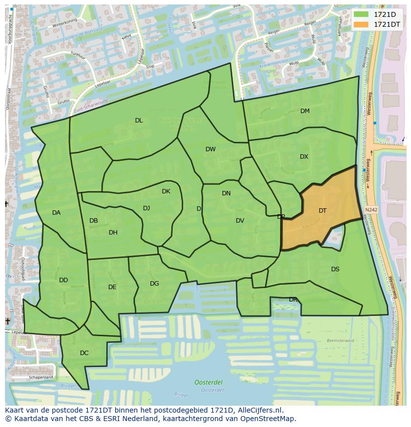 Afbeelding van het postcodegebied 1721 DT op de kaart.