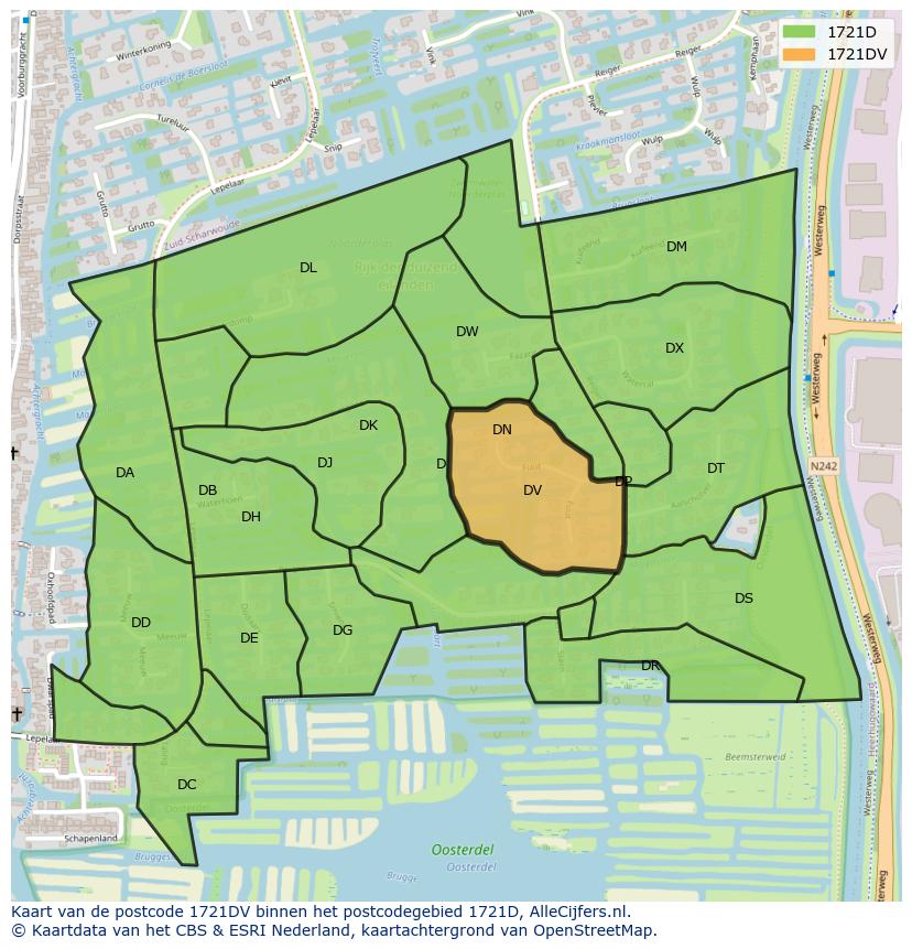 Afbeelding van het postcodegebied 1721 DV op de kaart.