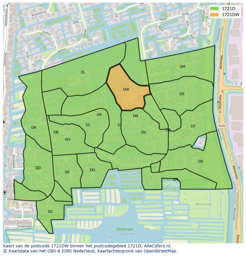 Afbeelding van het postcodegebied 1721 DW op de kaart.