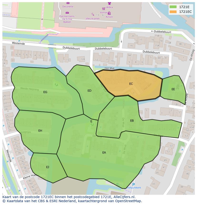 Afbeelding van het postcodegebied 1721 EC op de kaart.