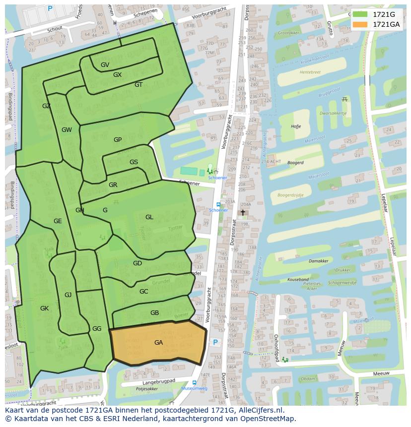 Afbeelding van het postcodegebied 1721 GA op de kaart.