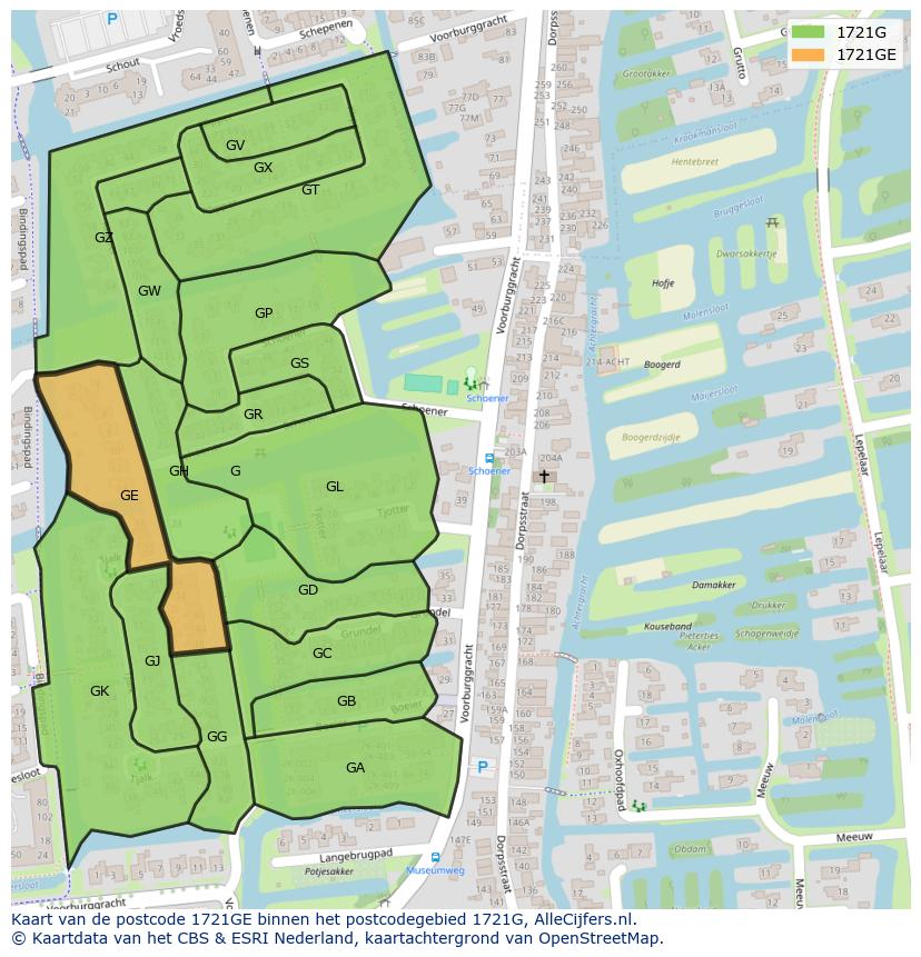 Afbeelding van het postcodegebied 1721 GE op de kaart.