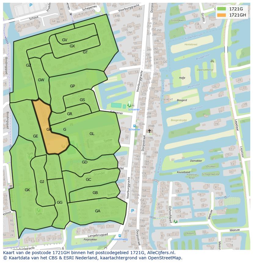 Afbeelding van het postcodegebied 1721 GH op de kaart.