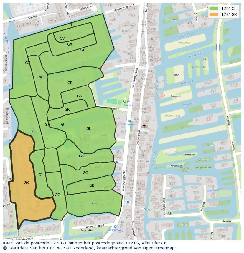 Afbeelding van het postcodegebied 1721 GK op de kaart.