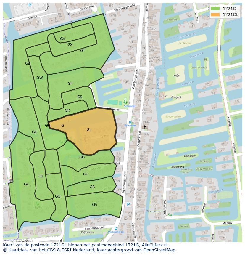 Afbeelding van het postcodegebied 1721 GL op de kaart.