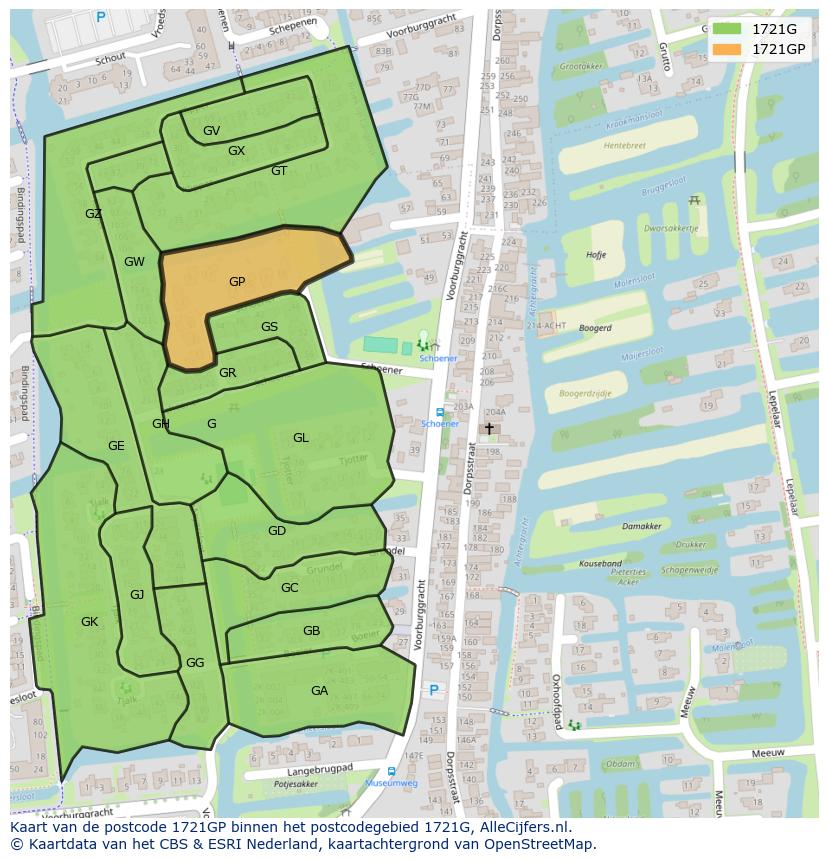 Afbeelding van het postcodegebied 1721 GP op de kaart.