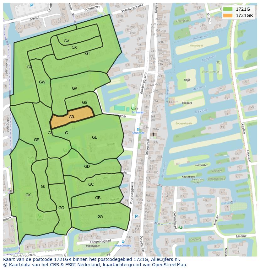 Afbeelding van het postcodegebied 1721 GR op de kaart.
