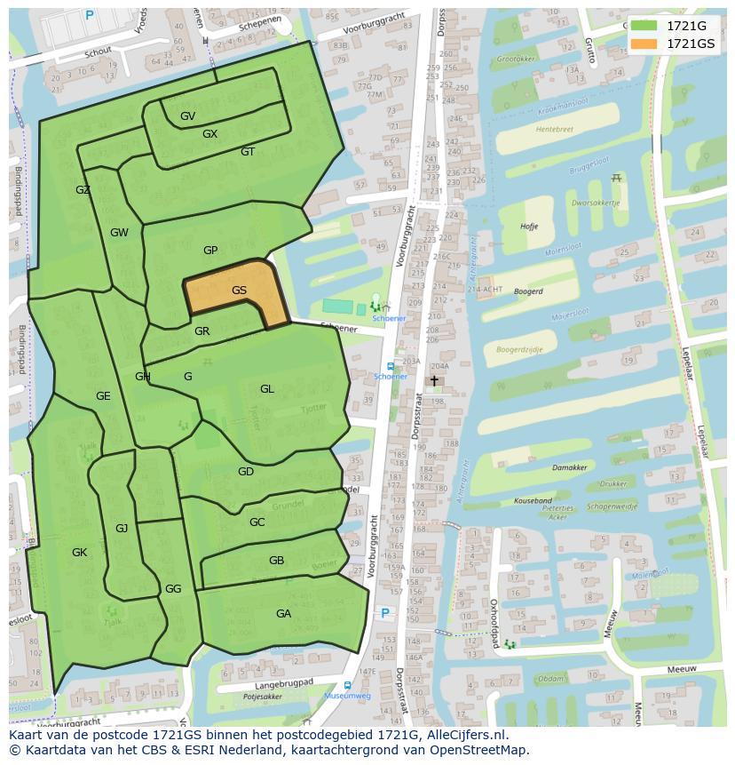 Afbeelding van het postcodegebied 1721 GS op de kaart.