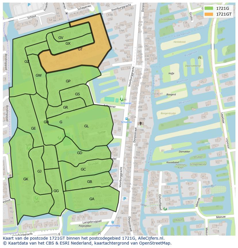 Afbeelding van het postcodegebied 1721 GT op de kaart.
