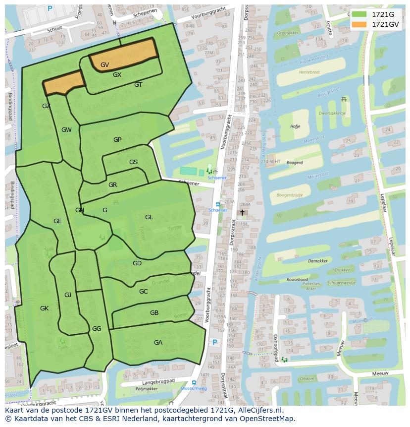 Afbeelding van het postcodegebied 1721 GV op de kaart.