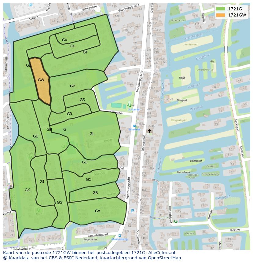 Afbeelding van het postcodegebied 1721 GW op de kaart.