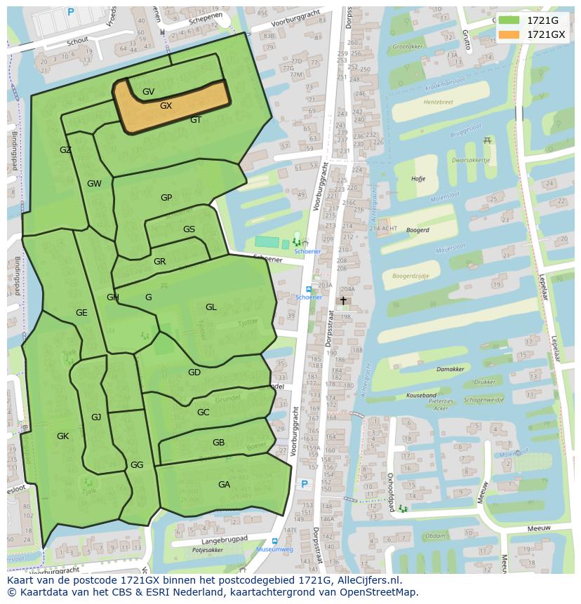 Afbeelding van het postcodegebied 1721 GX op de kaart.