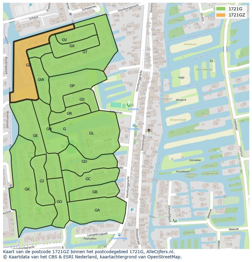Afbeelding van het postcodegebied 1721 GZ op de kaart.