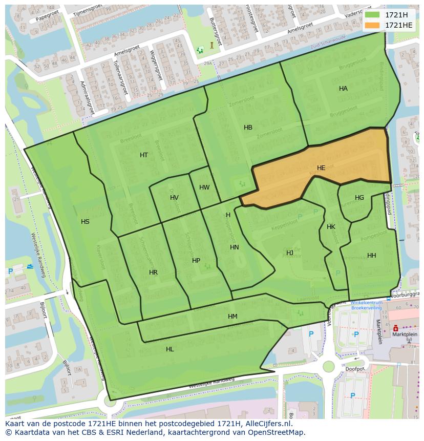 Afbeelding van het postcodegebied 1721 HE op de kaart.