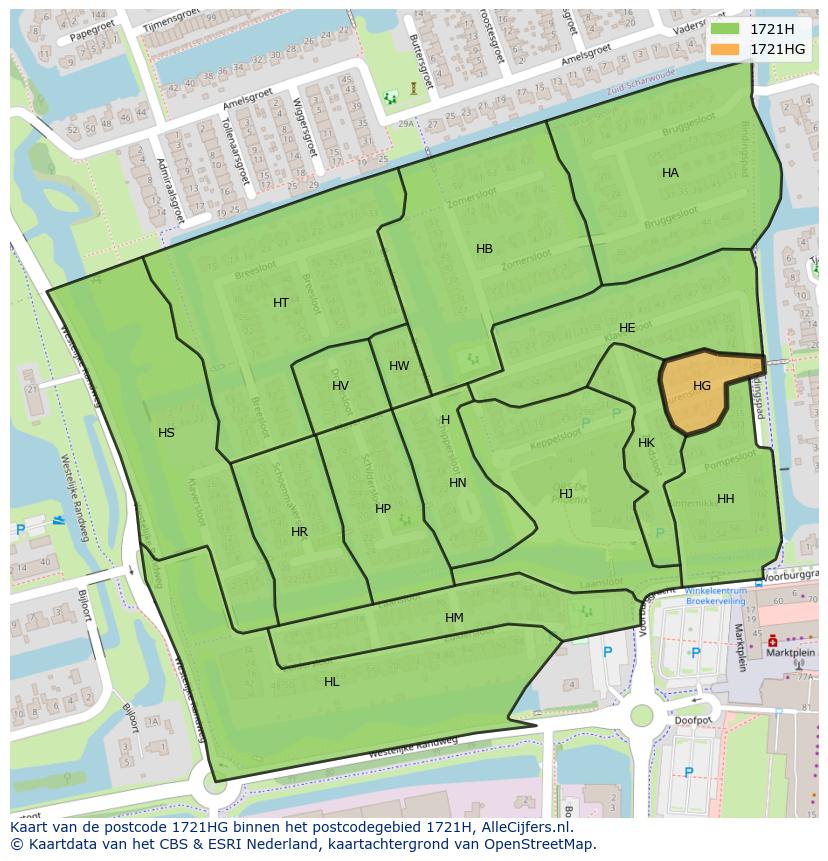 Afbeelding van het postcodegebied 1721 HG op de kaart.