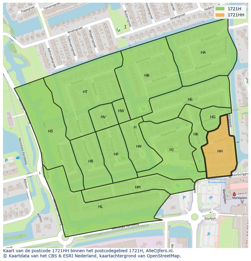 Afbeelding van het postcodegebied 1721 HH op de kaart.